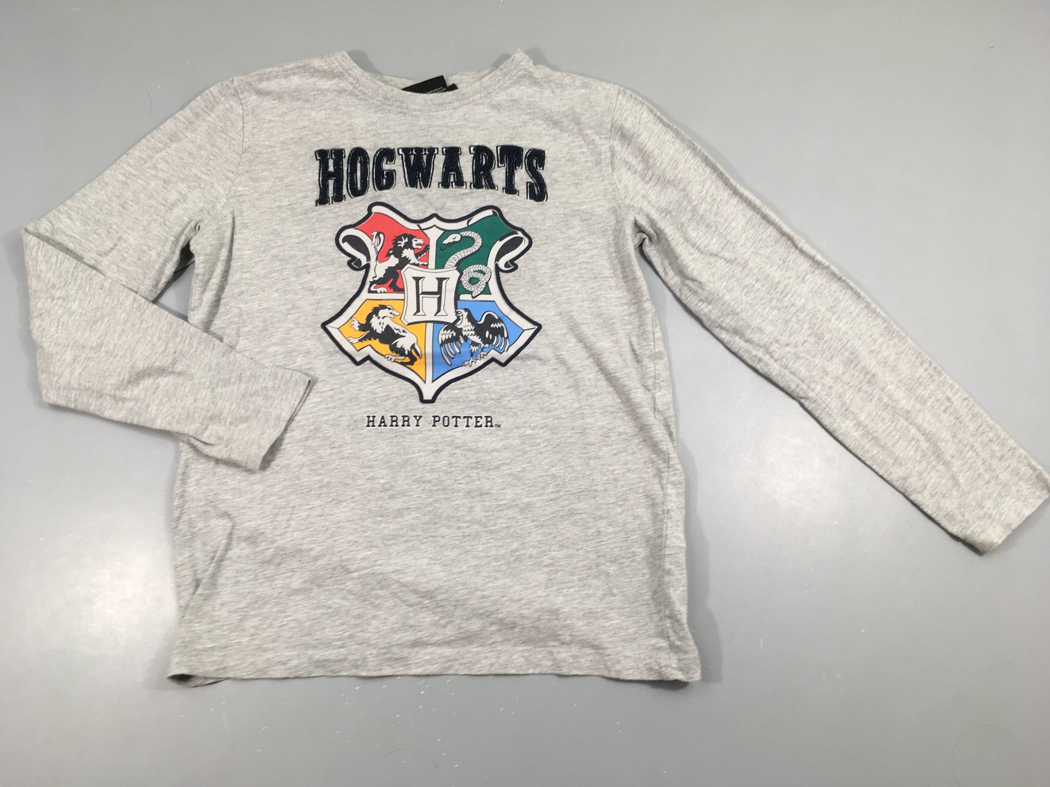 T-shirt m.l gris flammé Hogwarts Harr.y Potter, légèrement bouloché
