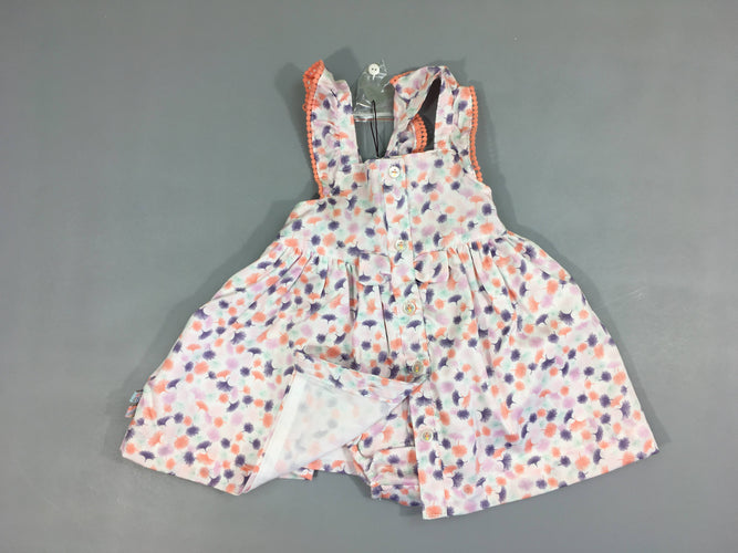 NEUF robe bretelles blanche fleurs corail/mauve/rose + bloomer, moins cher chez Petit Kiwi