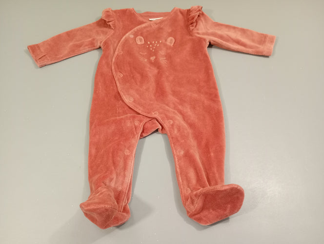 Pyjama velours vieux rose, tête de chat, moins cher chez Petit Kiwi