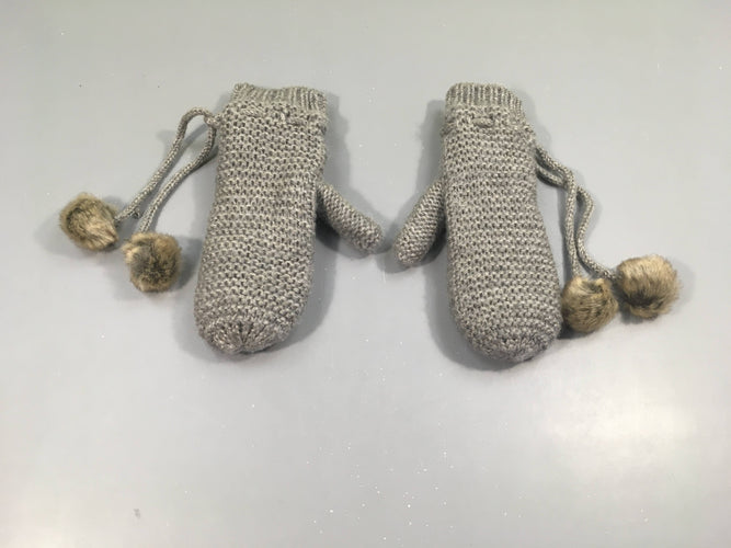 Moufles tricot gris, légèrement irrisé, pompons, intérieur polar, moins cher chez Petit Kiwi