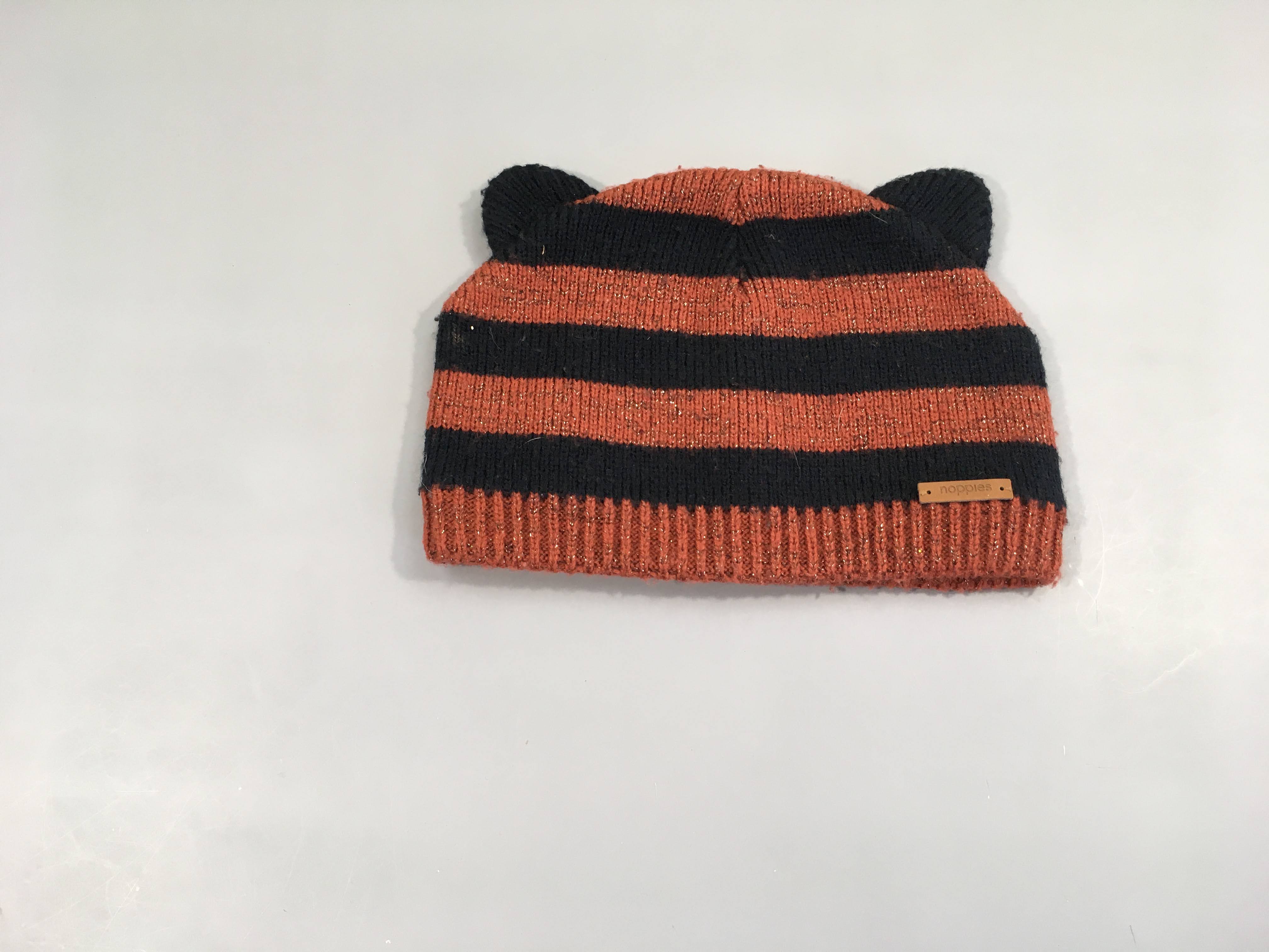 Bonnet mailles doublé jersey rouille irisé rayé bleu marine oreilles