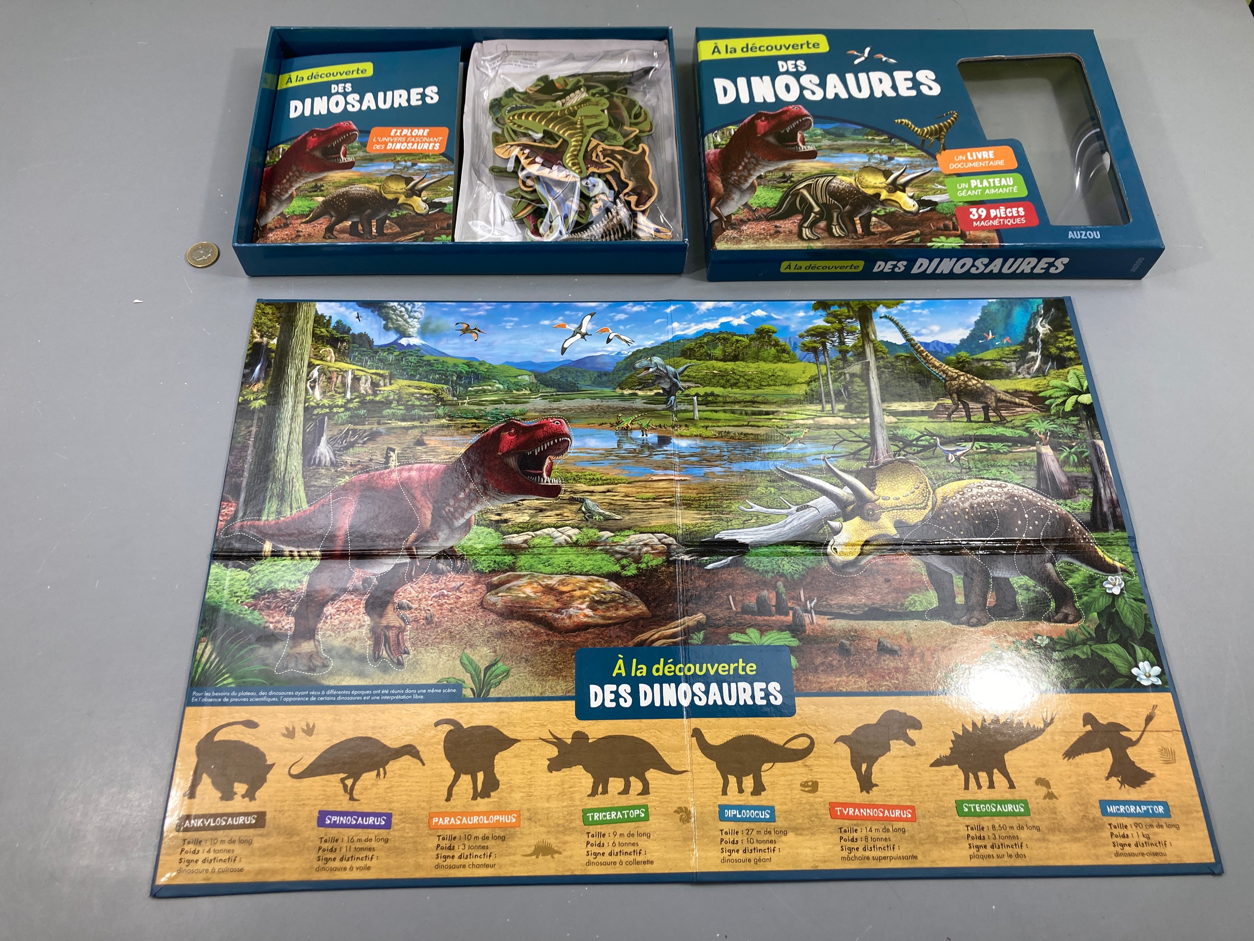 Complet. A la découverte des dinosaures. 1 livre documentaire , 1 plateau géant, 39 pièces magnétiques