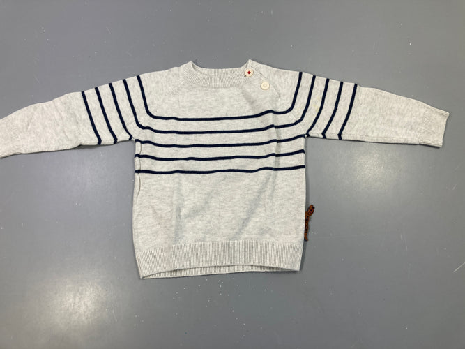 Pull gris rayé bleu foncé, tache à la manche, moins cher chez Petit Kiwi