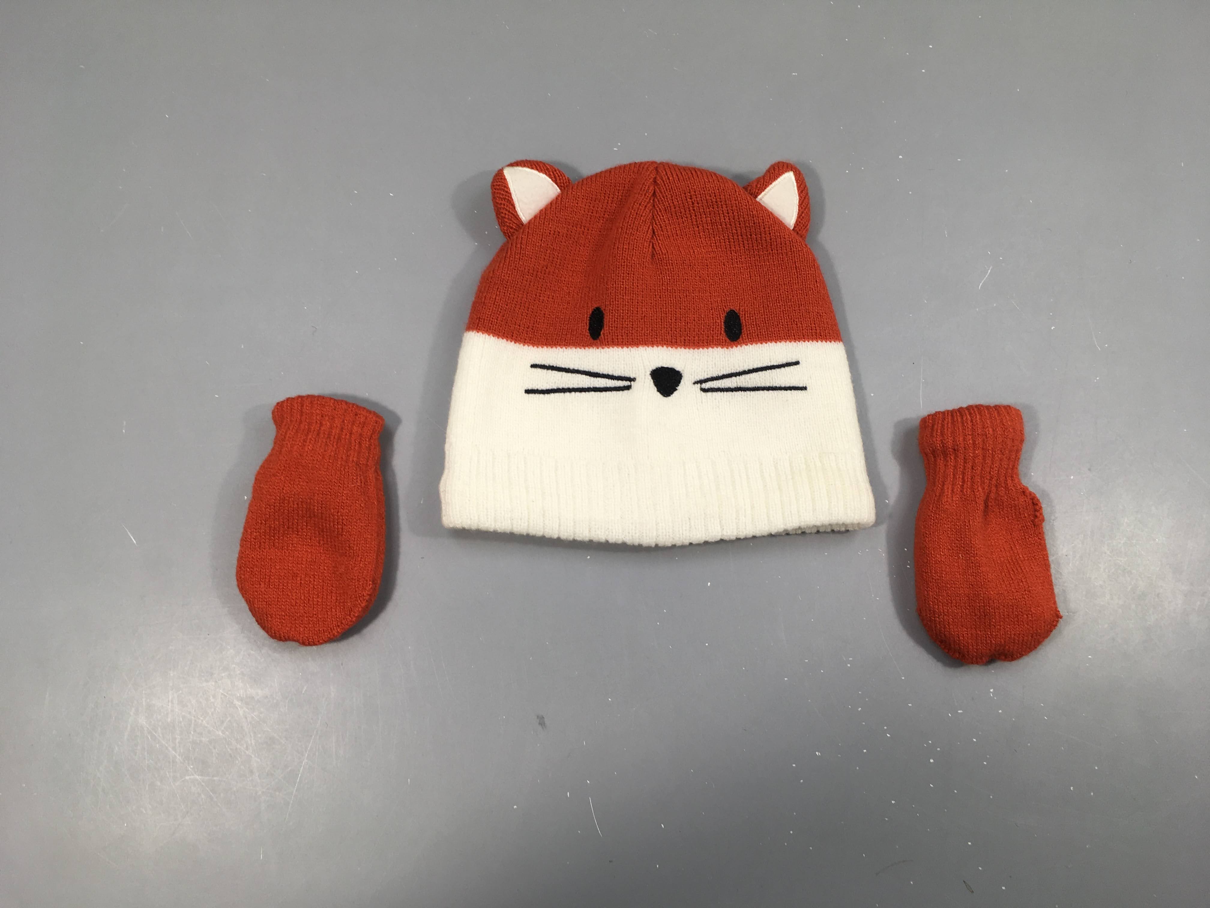 Bonnet + moufles blanc/brun animal, 50cm