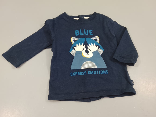 T-shirt m.l bleu marine, raton laveur, fermeture par pressions à l'arrière, moins cher chez Petit Kiwi