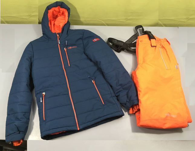 Veste de ski bleu-orange Trollkids + Pantalon orange-Qques taches /légers accrocs, moins cher chez Petit Kiwi