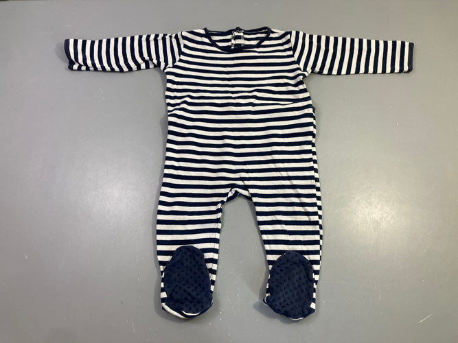 Pyjama jersey rayé bleu marine/blanc pieds antidérapants, bouloché, moins cher chez Petit Kiwi
