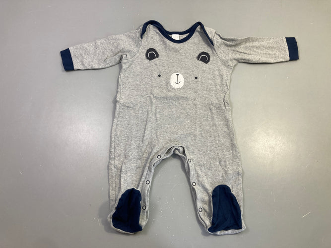 Pyjama jersey gris visage ours bordures marine, légèrement bouloché, moins cher chez Petit Kiwi