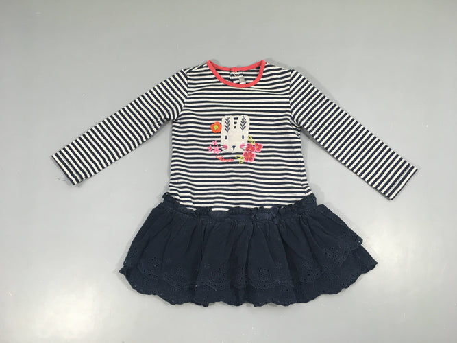 Robe m.l bi-matière heut jersey blanc rayé bleu Lapin/bas velours bleu foncé dentelles, moins cher chez Petit Kiwi