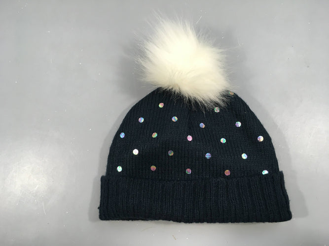 Bonnet bleu marine pois irisés doublé polar pompom, moins cher chez Petit Kiwi
