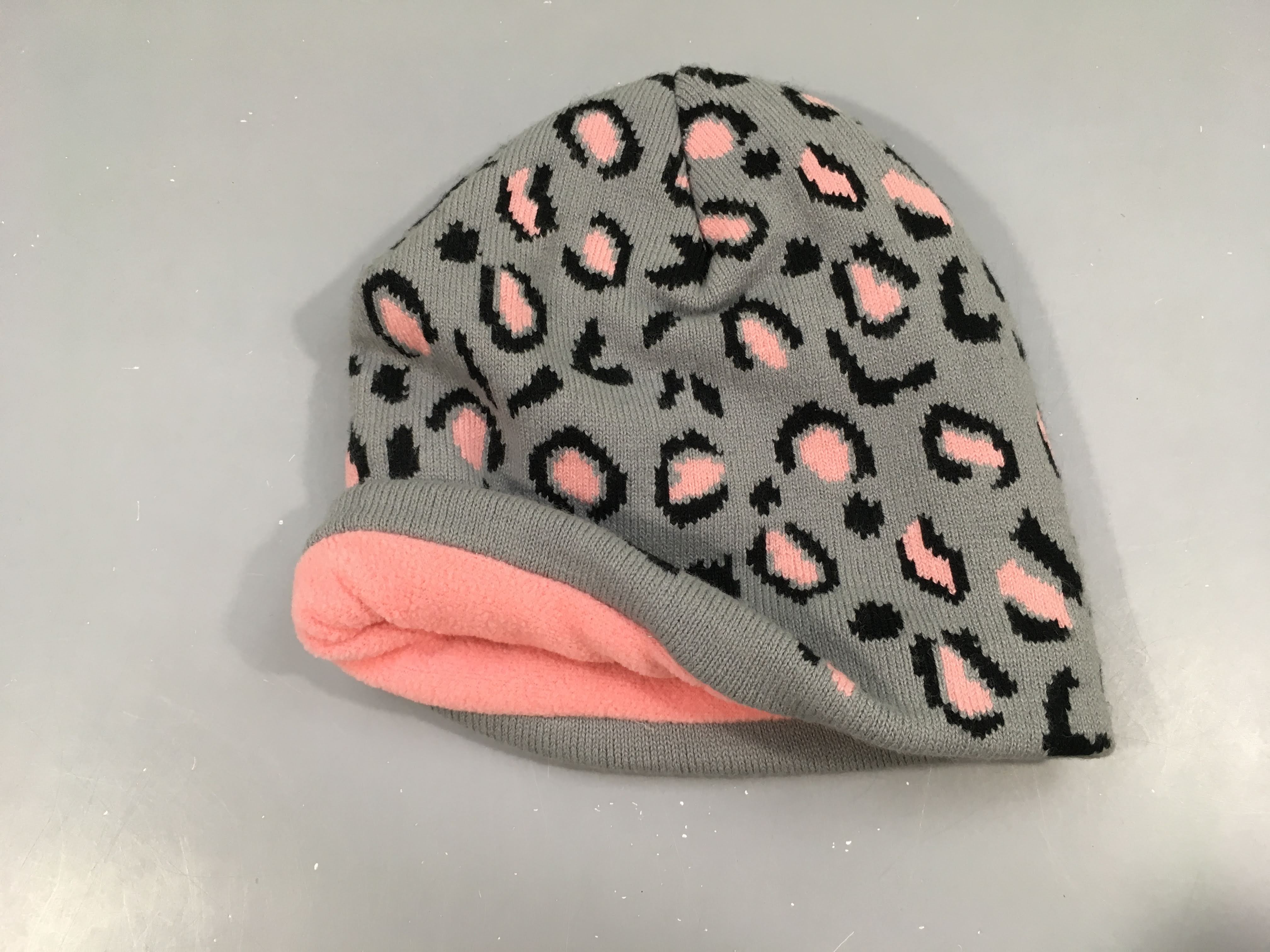 Bonnet gris léopard rose doublé polar