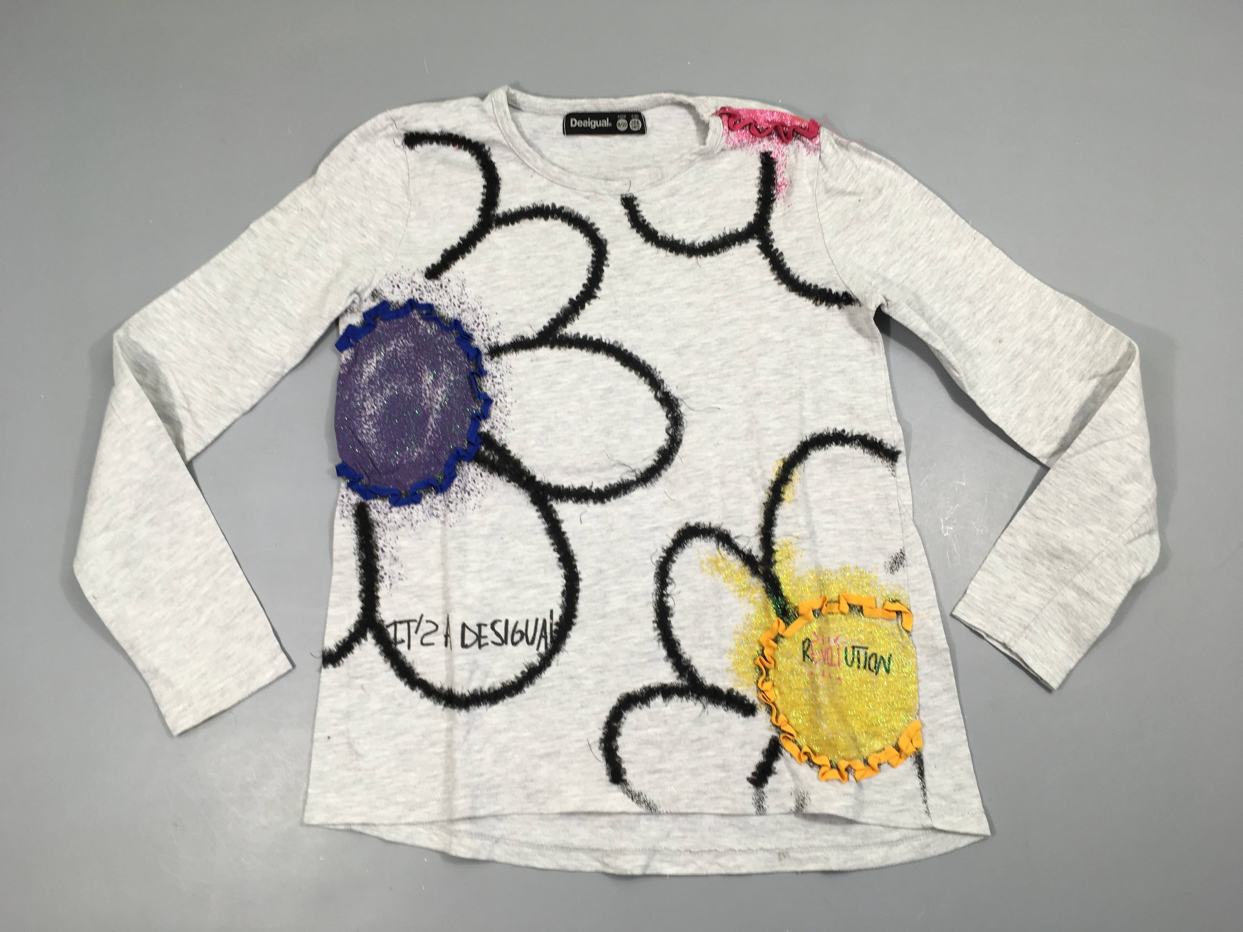 T-shirt m.l gris chiné fleurs relief, bouloché