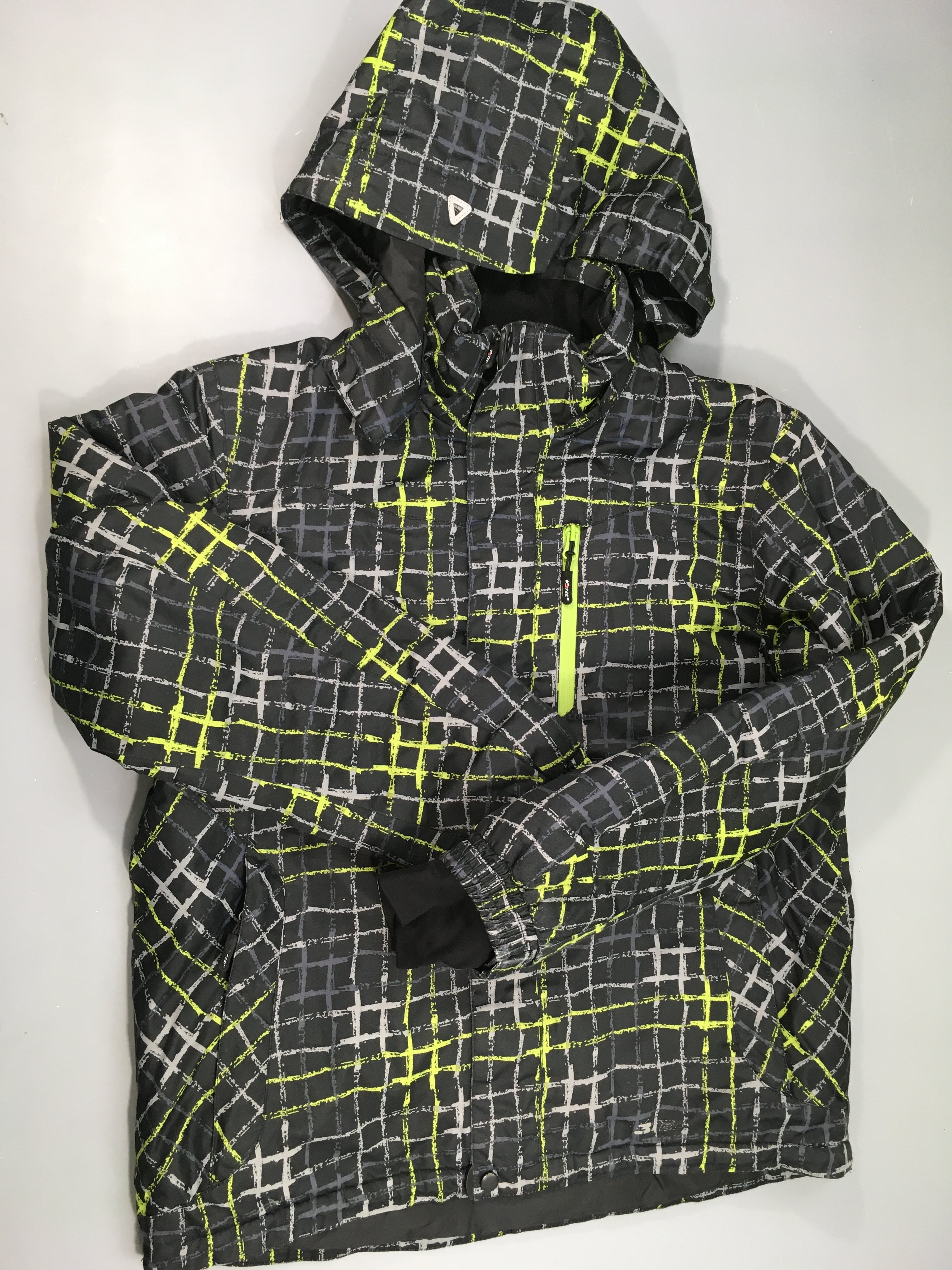 Veste de ski noir à carreaux anis à capuche, V3taille et chevilles élastiques