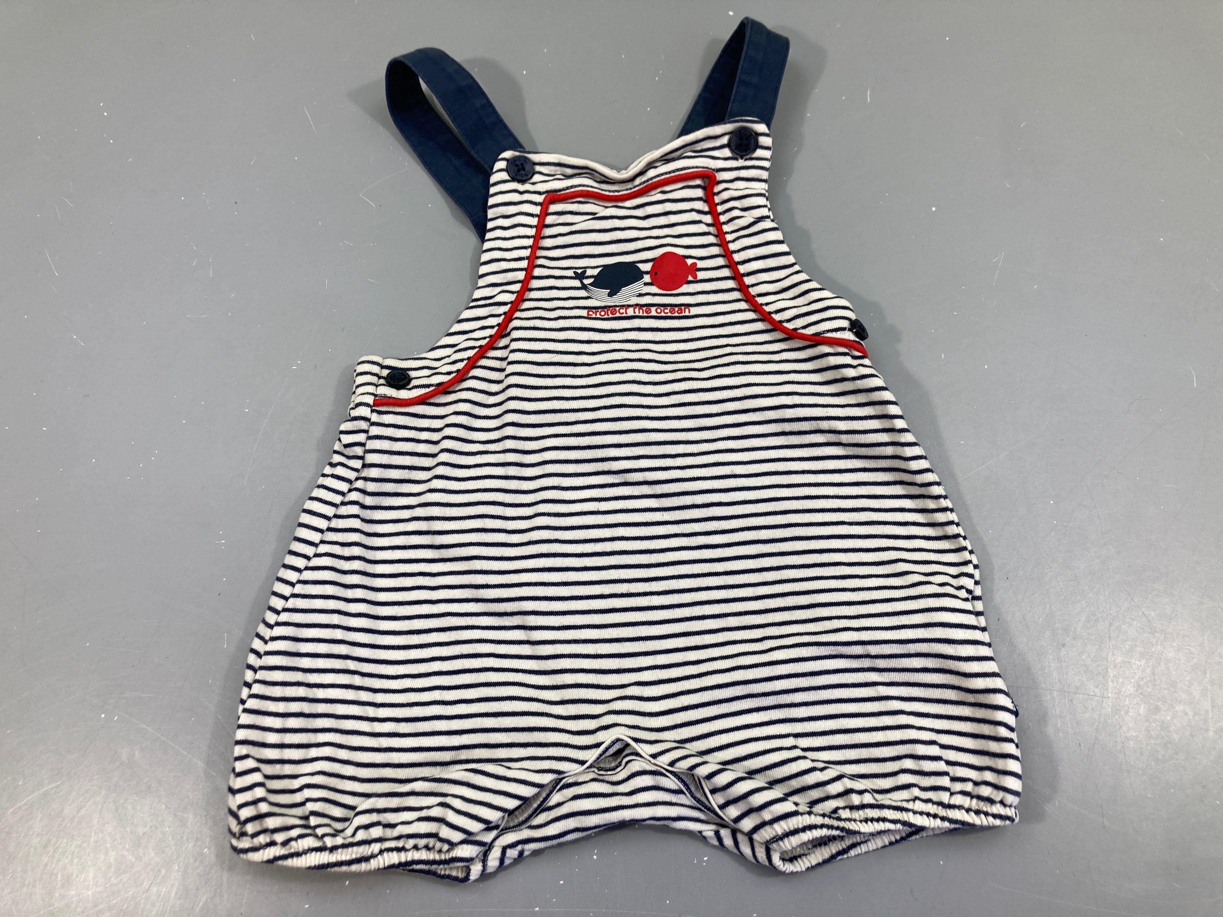 Salopette short molleton blancrayé bleu marine poisson