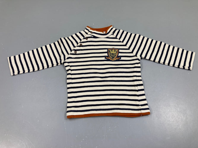 T-shirt col montant blanc rayé bleu marine blason, moins cher chez Petit Kiwi