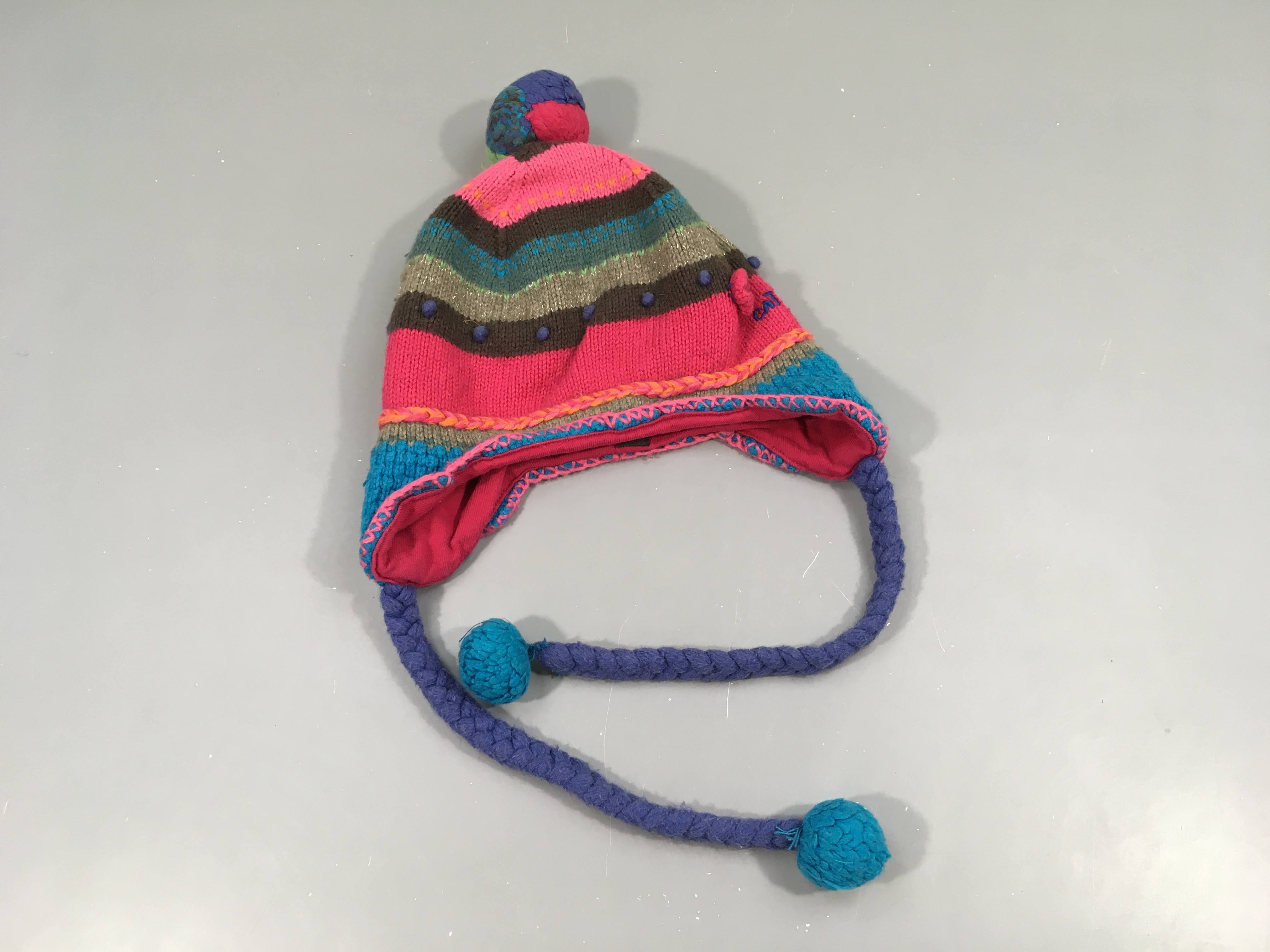 Bonnet rayé bleu/rose/irisé pompom, T.3, un peu bouloché