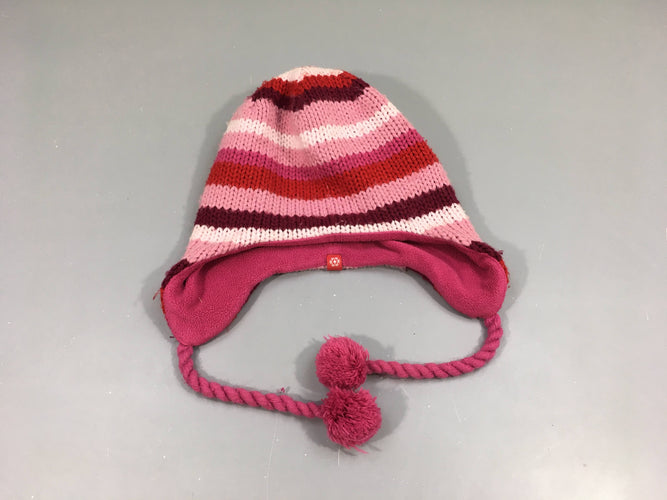 Bonnet rose rayé doublé polar, bouloché, moins cher chez Petit Kiwi