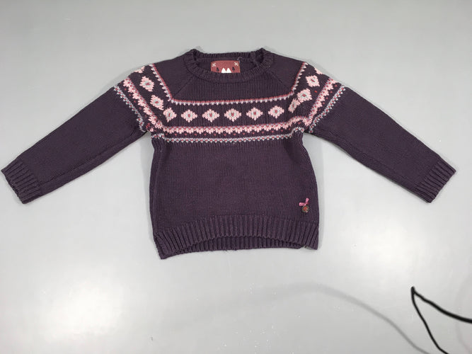 Pull mauve motifs, 5% laine, moins cher chez Petit Kiwi