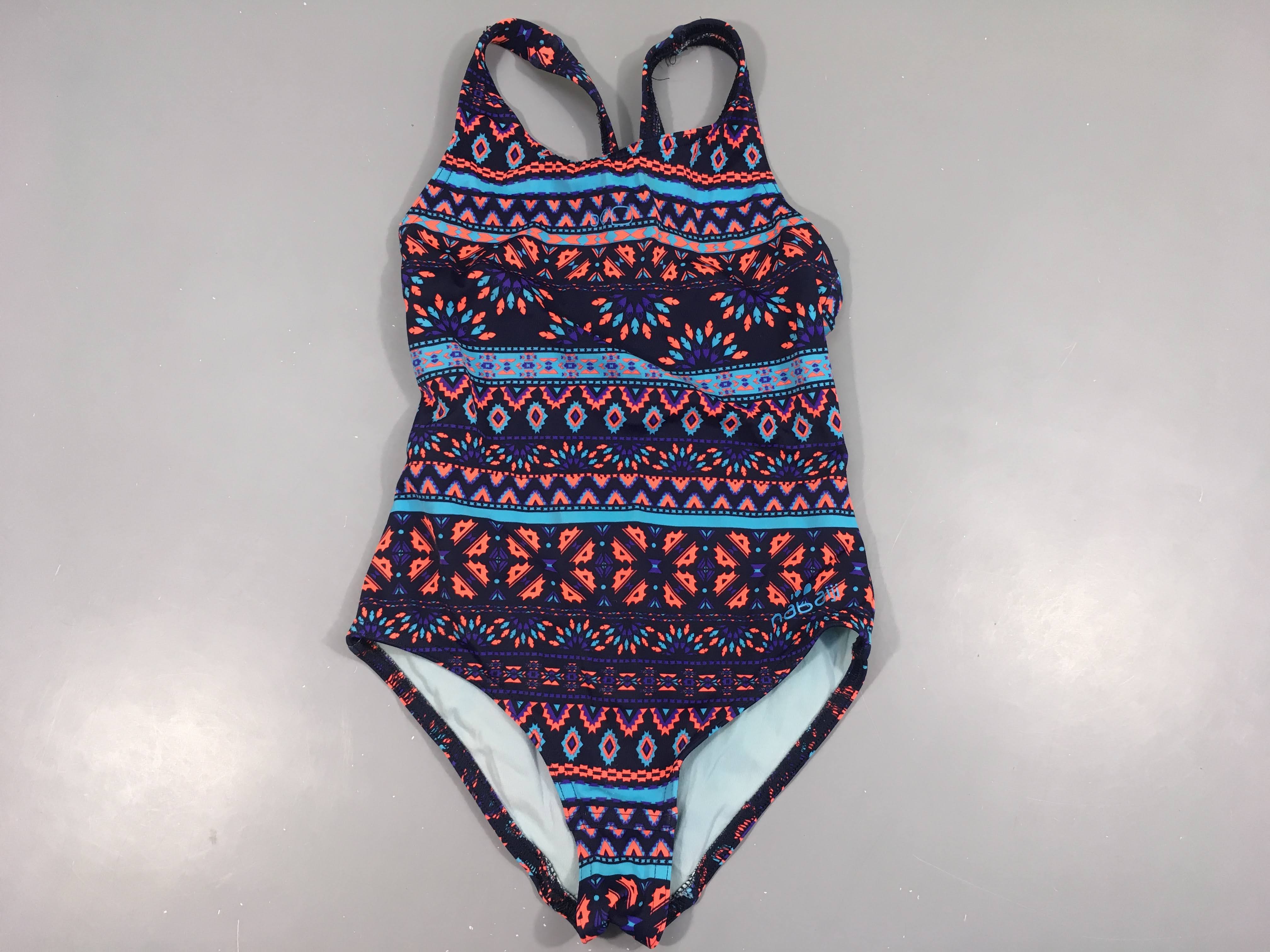 Maillot de bain bleu foncé motifs orangés-bleus-mauves 6a?