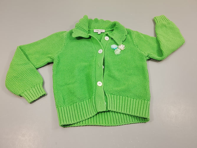 Gilet tricot vert, 3 petites fleurs, moins cher chez Petit Kiwi