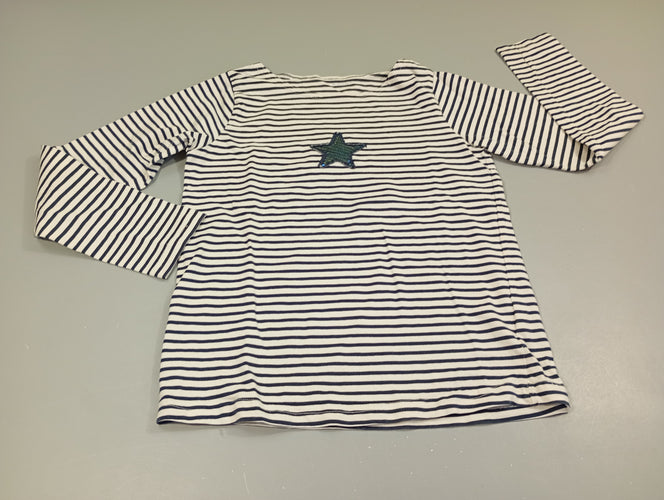 T-shirt m.l blanc rayé bleu marine, étoile sequins, moins cher chez Petit Kiwi