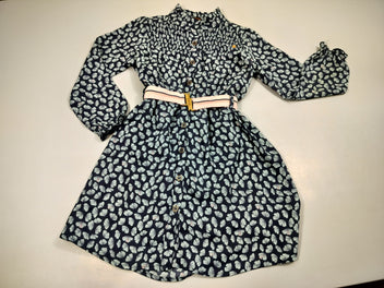 Robe m.l  bleu marine, motifs fleurs bleu clair avec ceinture élastique rose