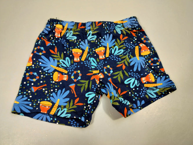 Short court bleu marine motifs colorés (tambourins, ar.bres,...), moins cher chez Petit Kiwi