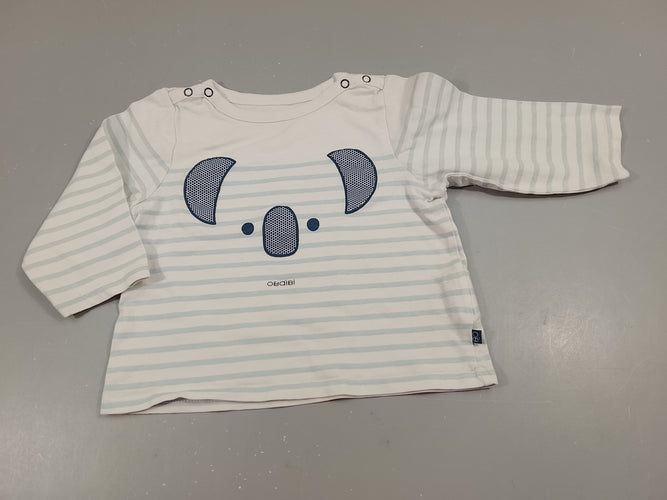 T-shirt m.l blanc  rayé bleu clair, tête de koala, moins cher chez Petit Kiwi