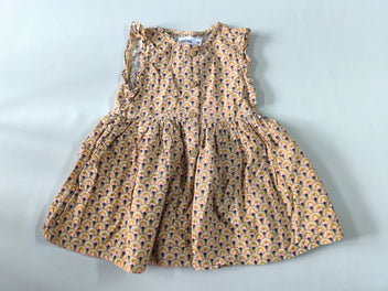 Robe s.m coton motifs brun clair/bleu marine/roses/blancs