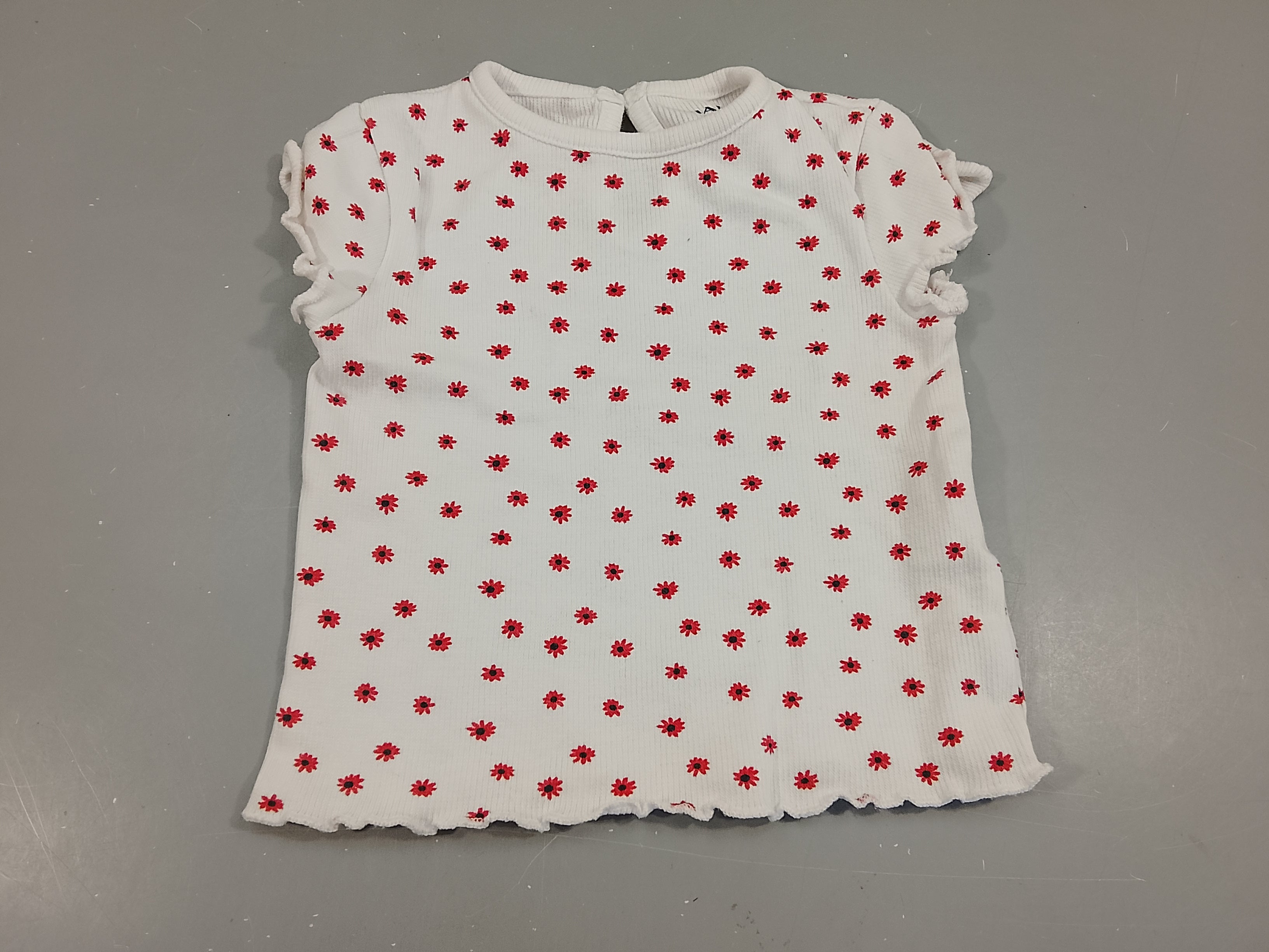 T-shirt m.c écru côtelé, fleurs rouges