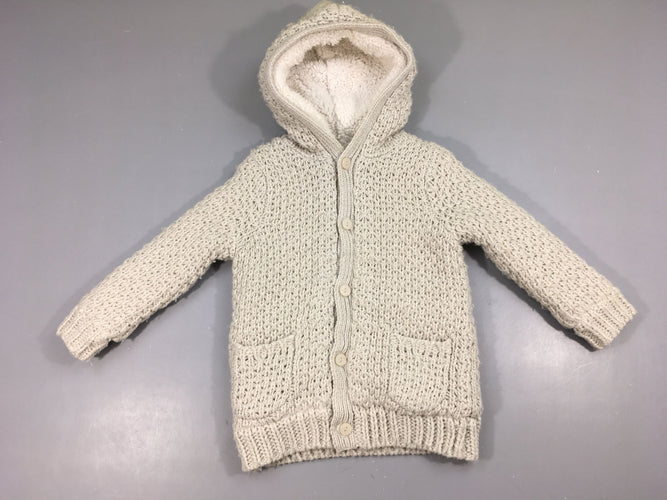 Gilet grosses mailles gris irisé doublé velours à capuche, légèrement bouloché, moins cher chez Petit Kiwi