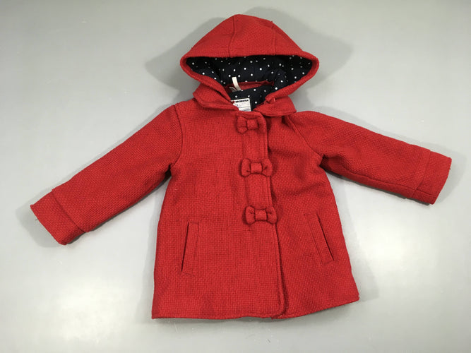 Veste style tweed rouge à capuche amovible, 14% laine, moins cher chez Petit Kiwi