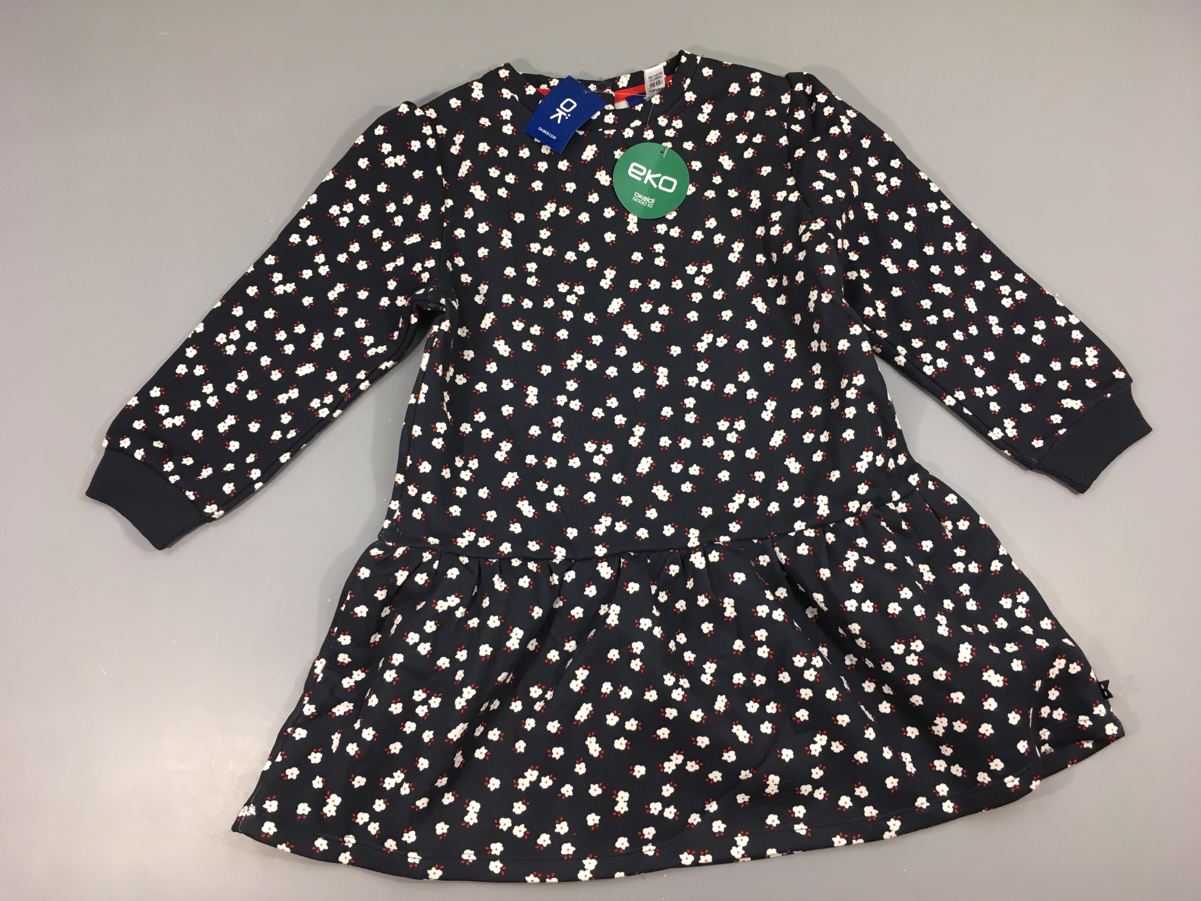 NEUF Robe m.l molleton bleu marine fleurs