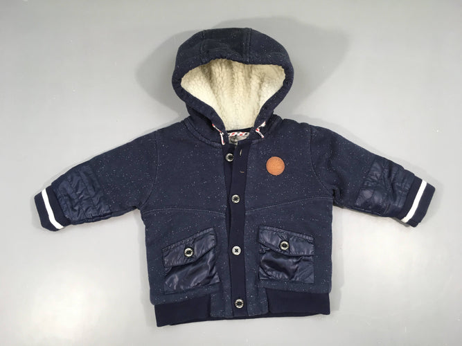 Sweat à capuche boutonné bleu foncé moucheté blancdoublé teddy, moins cher chez Petit Kiwi