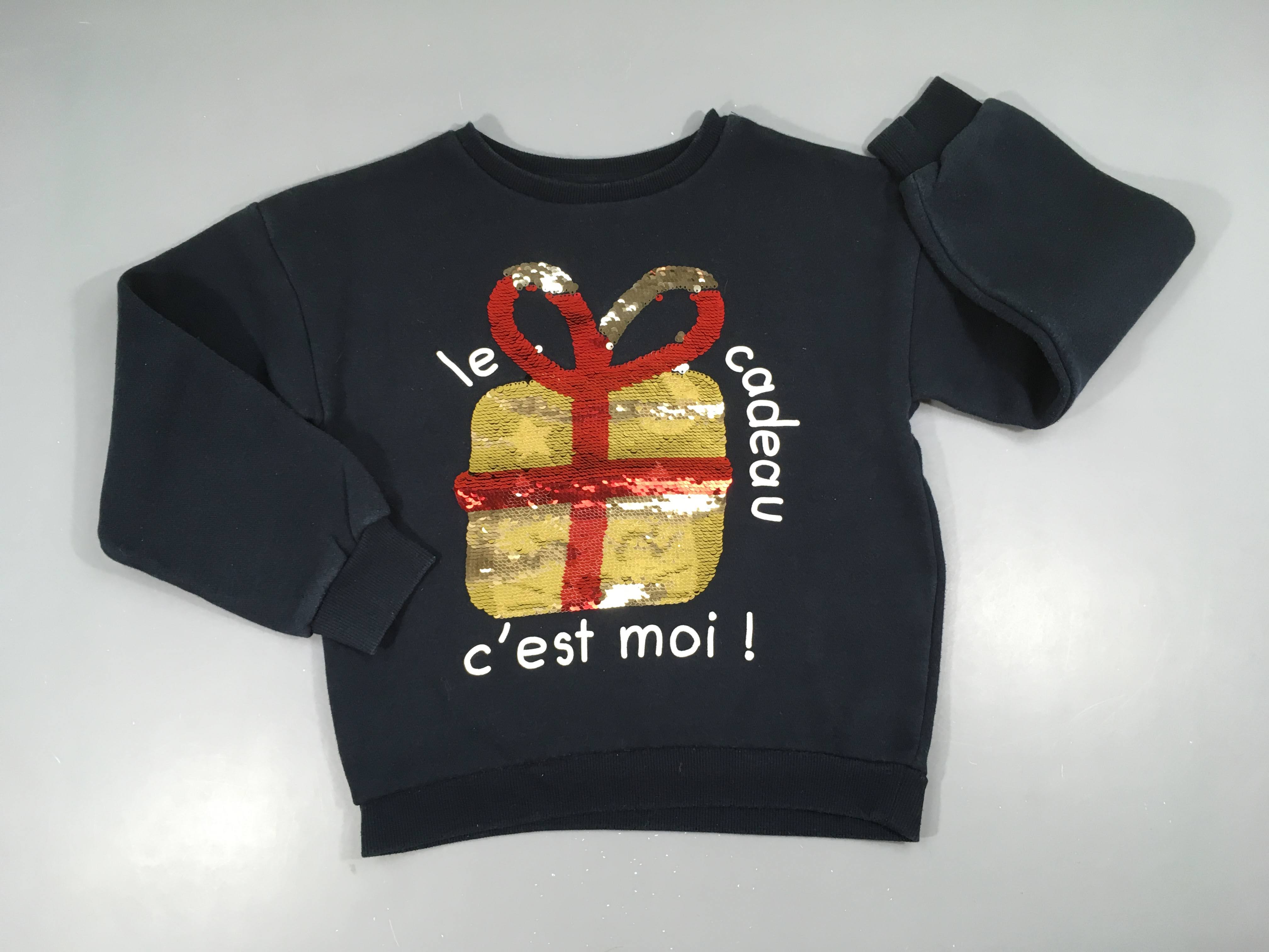 Sweat bleu marine cadeau sequins, légèrement bouloché