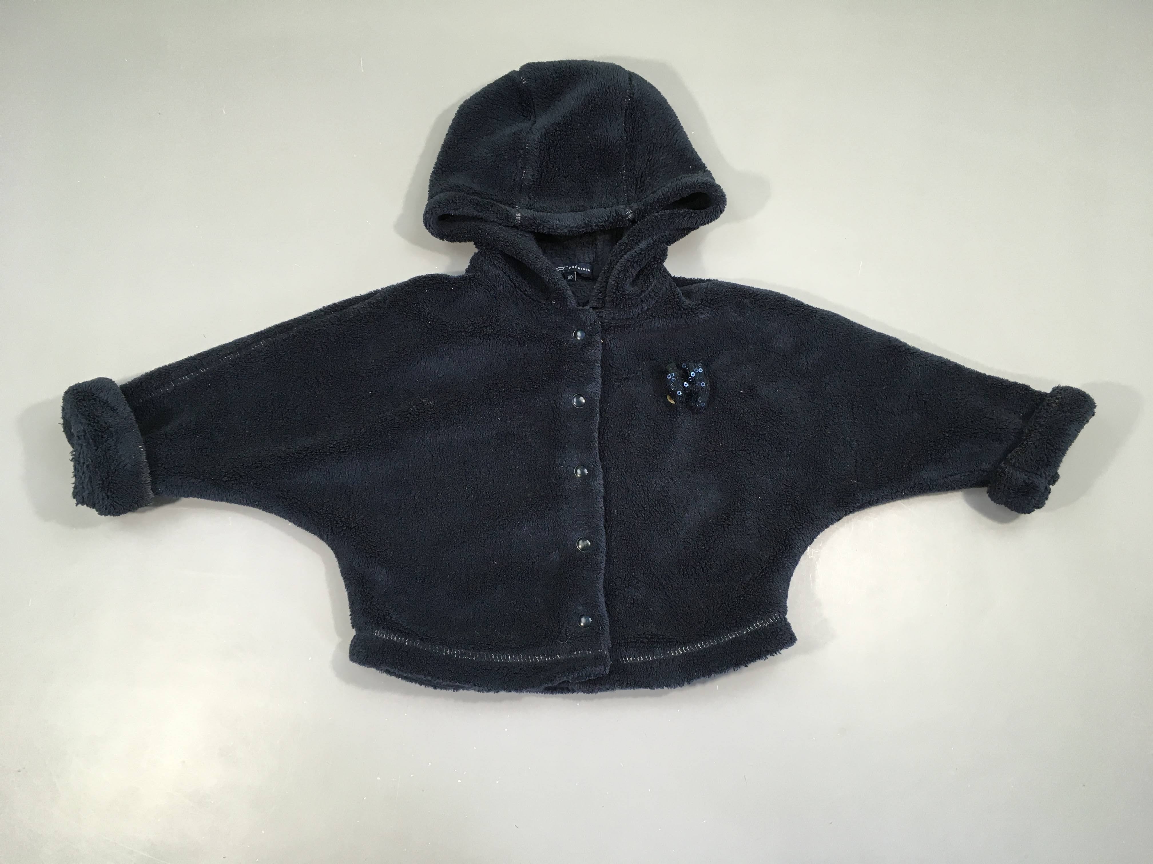 Gilet/veste velours bleu foncé à capuche noeud sequins-bAS MANCHE à RELAVER