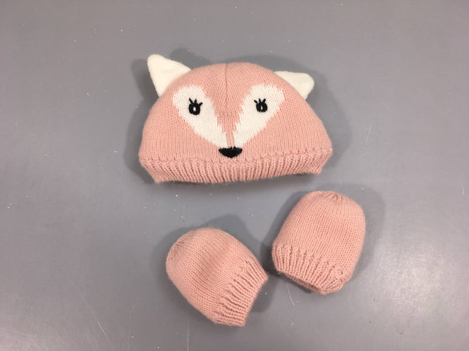 Bonnet rose + moufles animal, moins cher chez Petit Kiwi