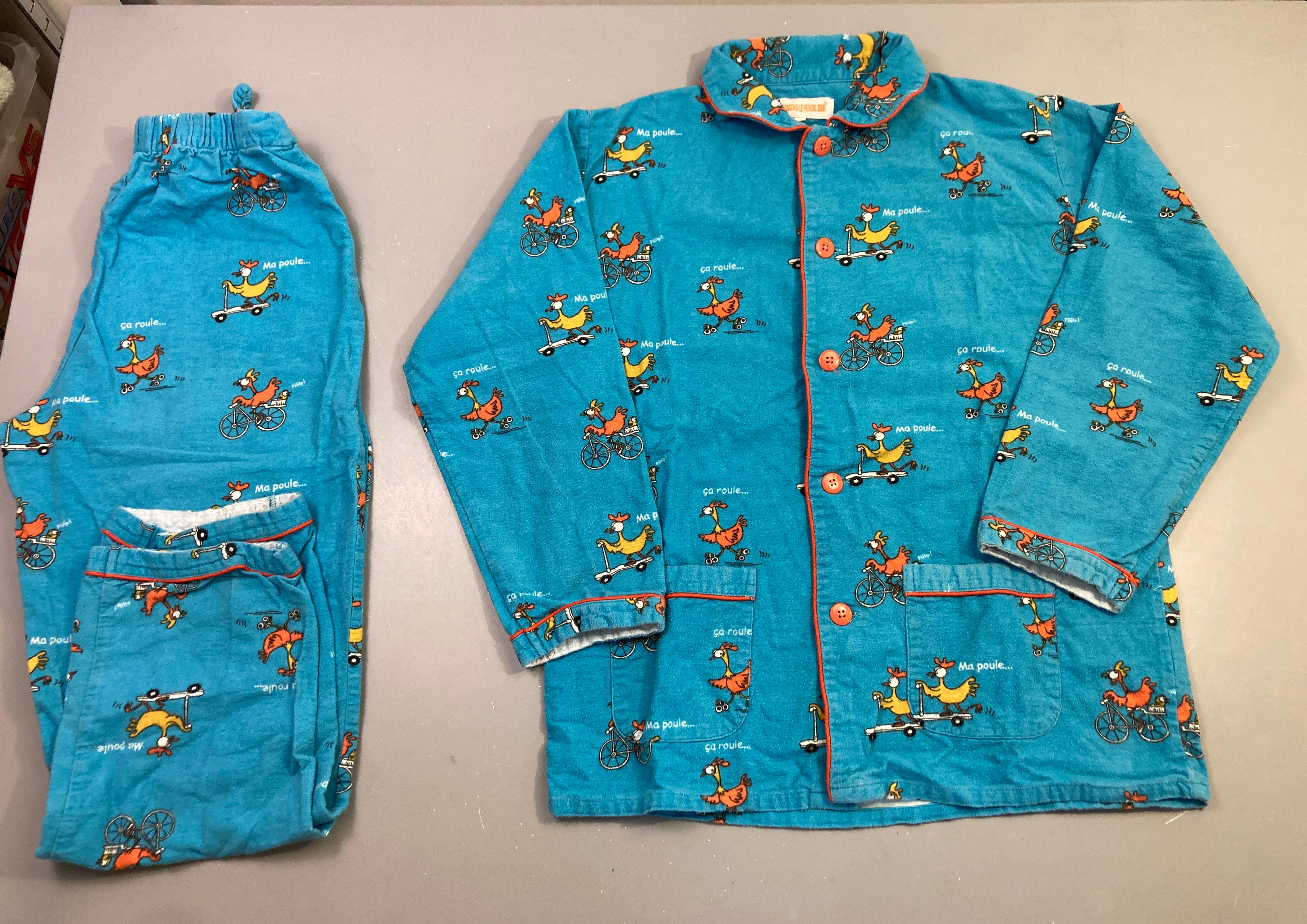 Pyjama 2 pièces turquoise poules vélo