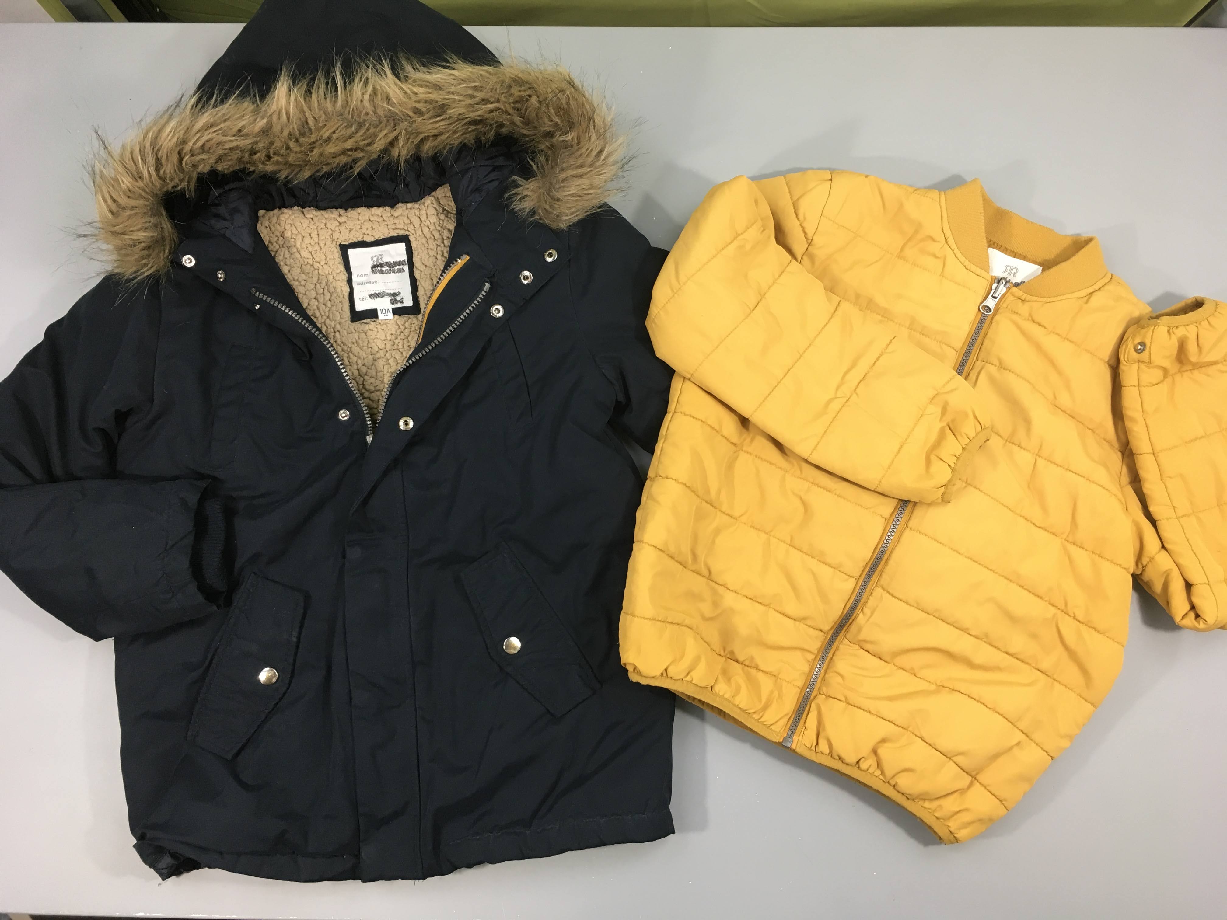 Veste 3en1, veste ouatiné bleu marine à capuche + doudoune orange