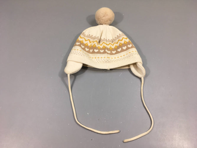Bonnet blanc motifs brun, jaune, fil pailleté, moins cher chez Petit Kiwi