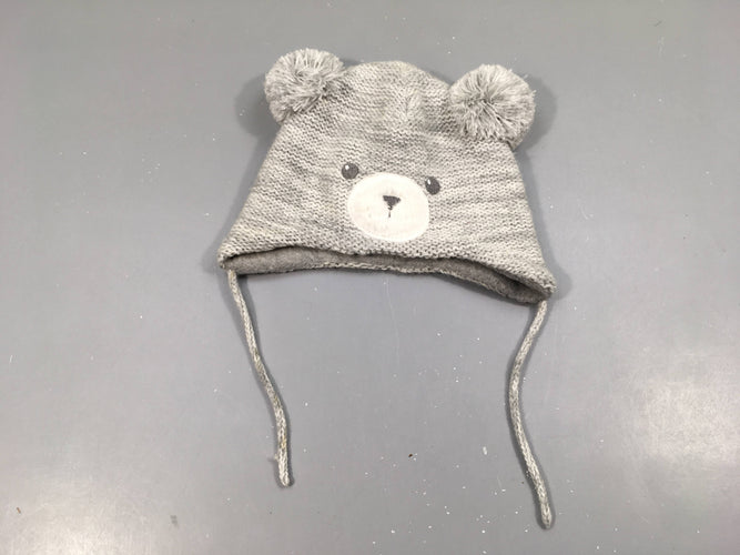 Bonnet gris tête d'ourson, oreilles pompons, moins cher chez Petit Kiwi
