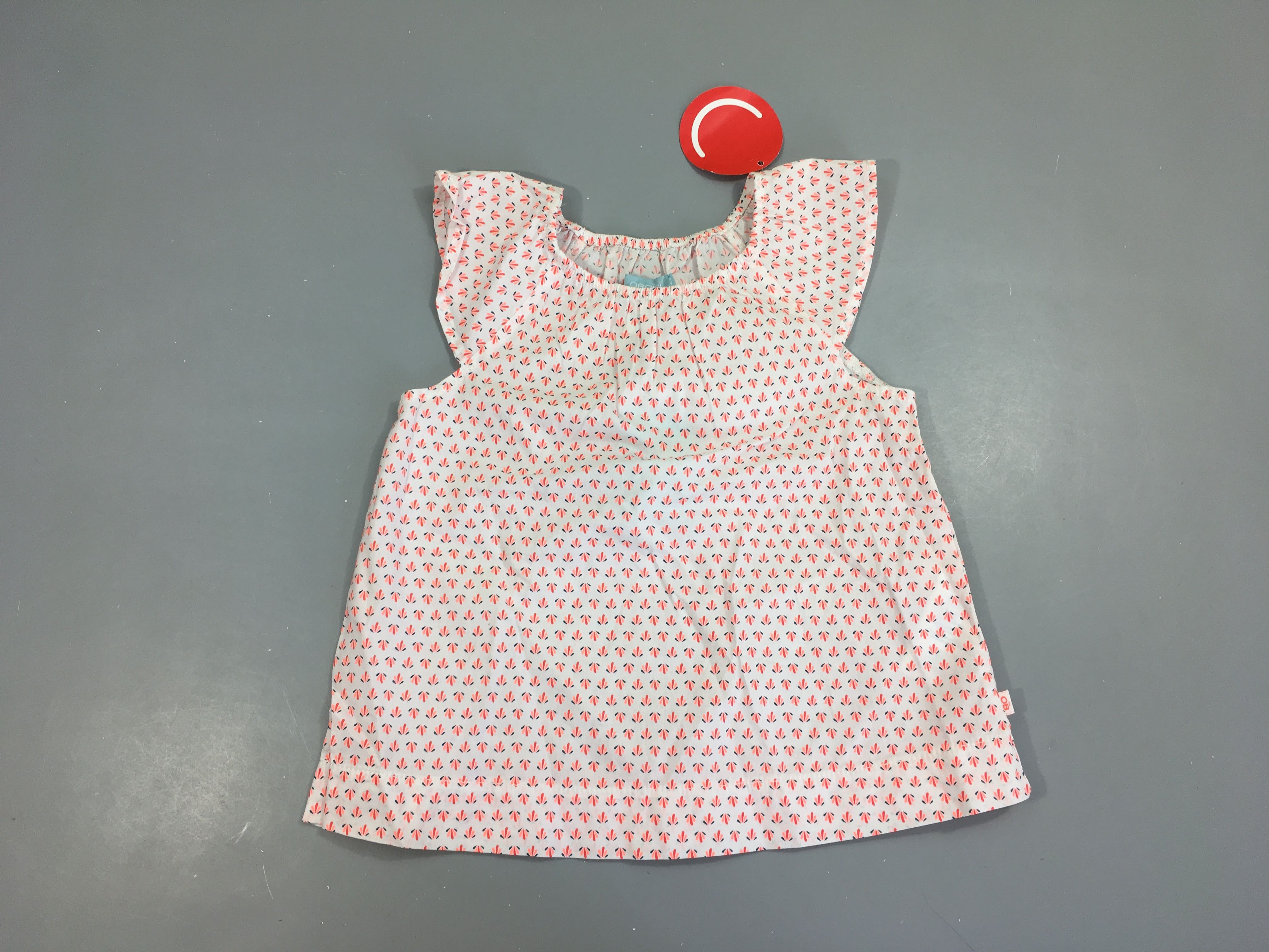 Neuf-Blouse m.c blanc motifs corail bleu rose