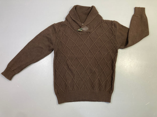 Pull col châle marron losanges, un peu boulohé, moins cher chez Petit Kiwi