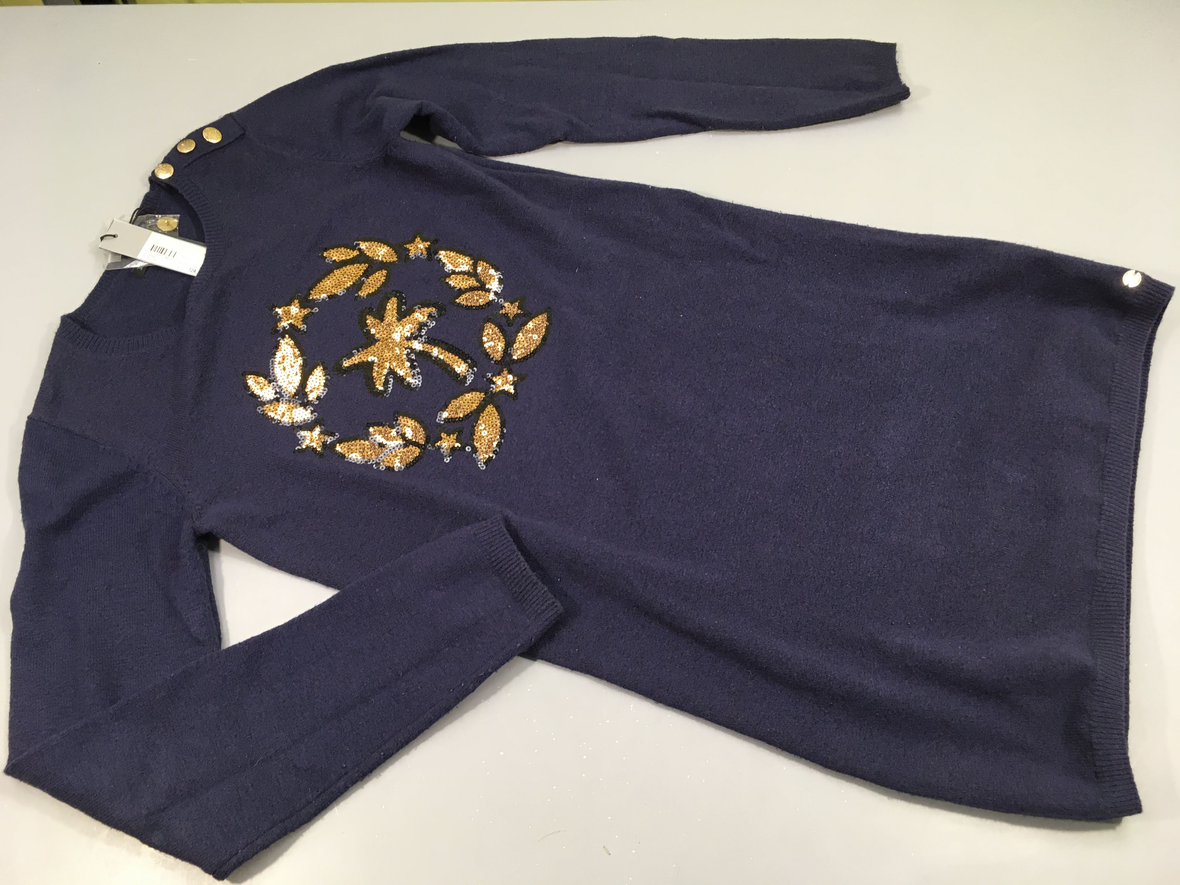 NEUVE Robe m.l tricot bleu marine , palmier , étoiles,... strass dorés