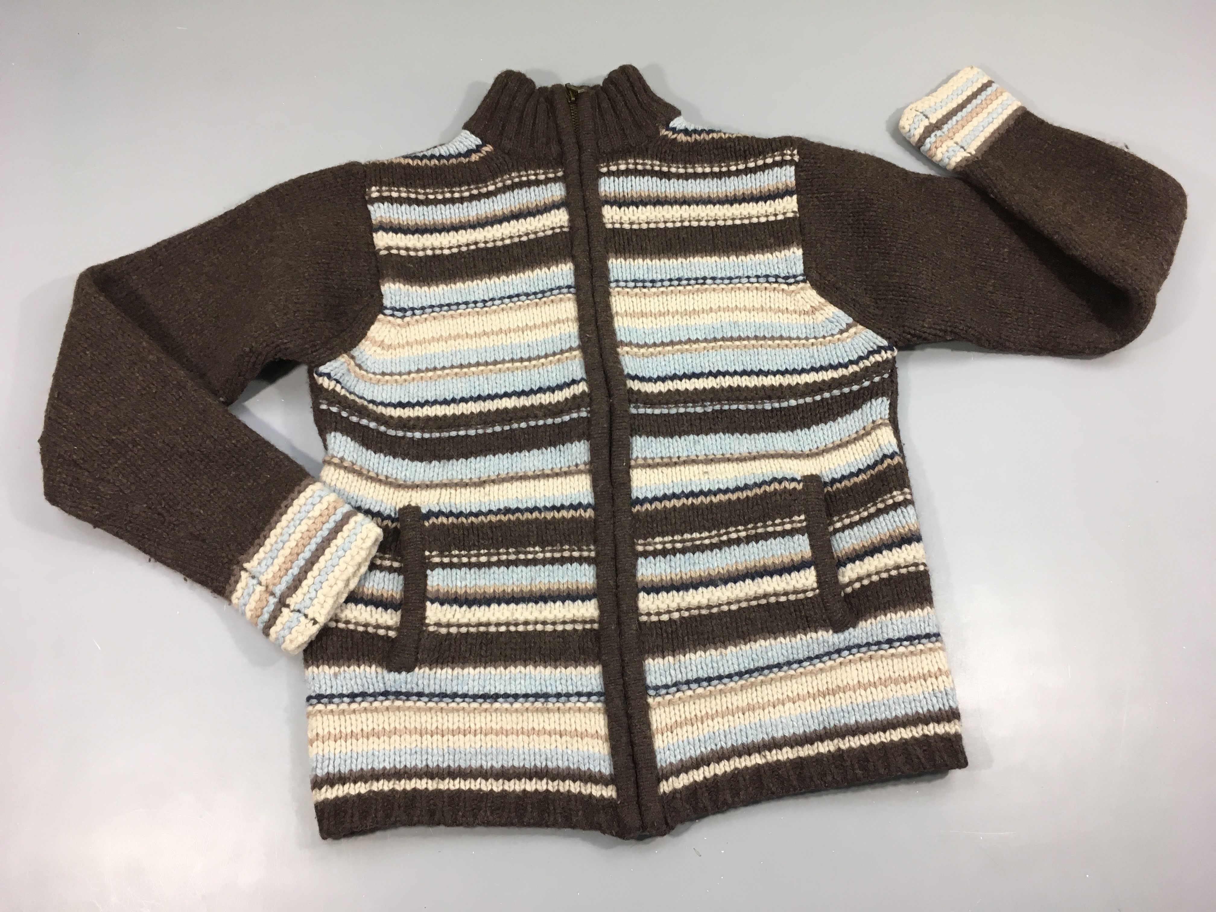 Gilet zippé tricot brun  rayé écru bleu beige
