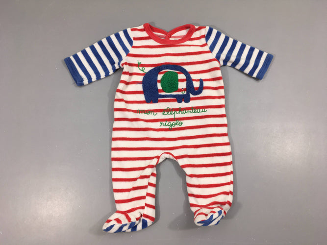 Pyjama velours blanc rayé rouge/bleu éléphant, moins cher chez Petit Kiwi