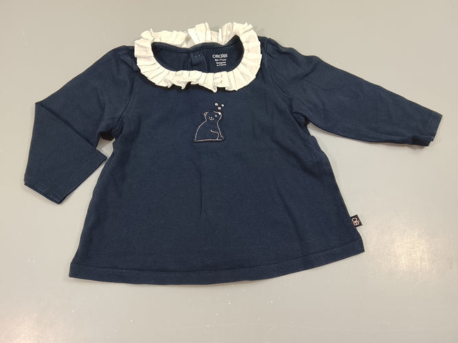 T-shirt m.l bleu marine , col plissé blanc, ourson,  Fermeture par pressions à l'arrière, moins cher chez Petit Kiwi