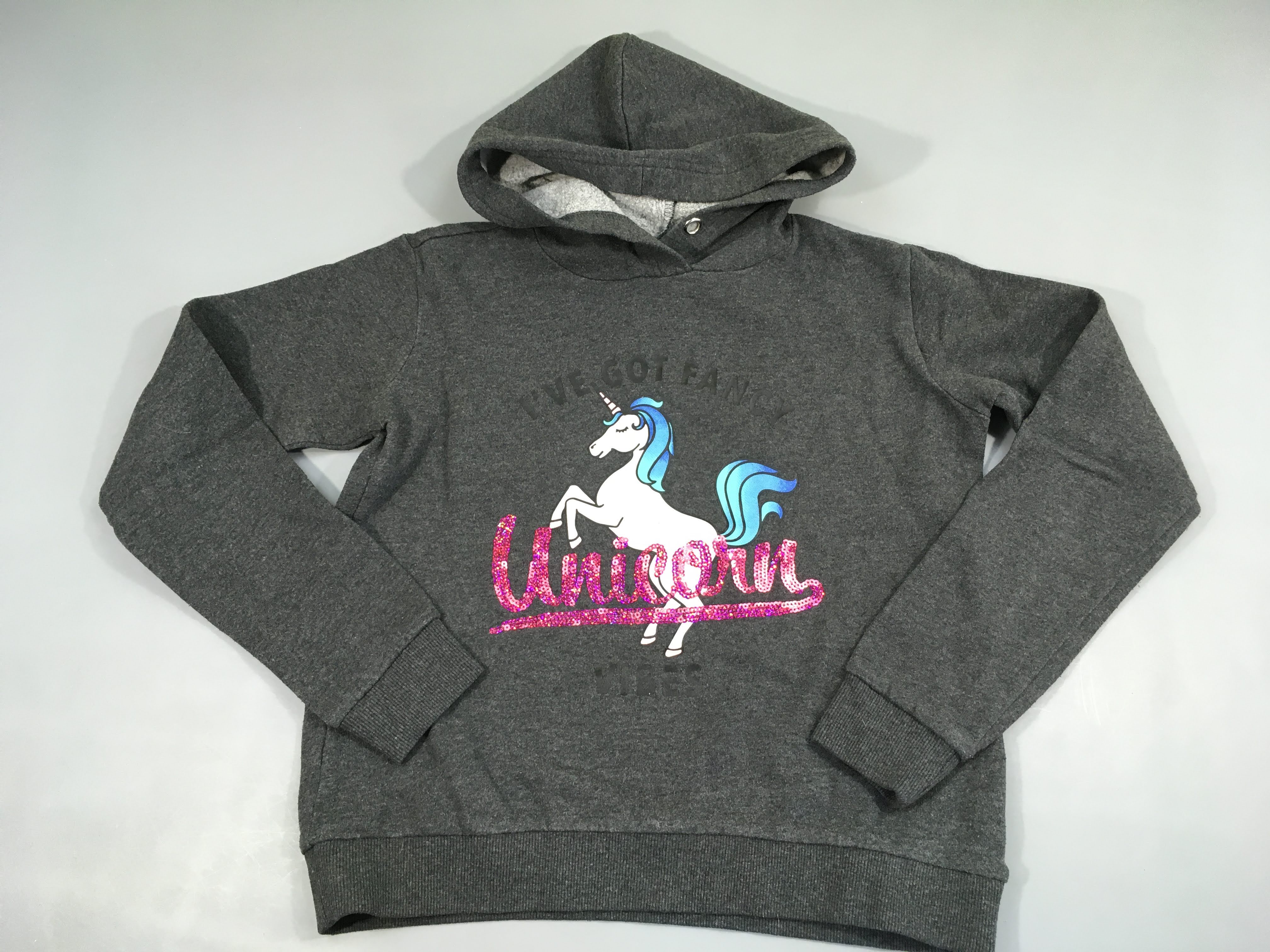 Sweat gris foncé chiné à capuche licorne sequins Bouloché