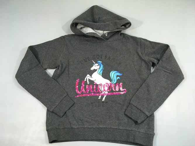 Sweat gris foncé chiné à capuche licorne sequins Bouloché, moins cher chez Petit Kiwi