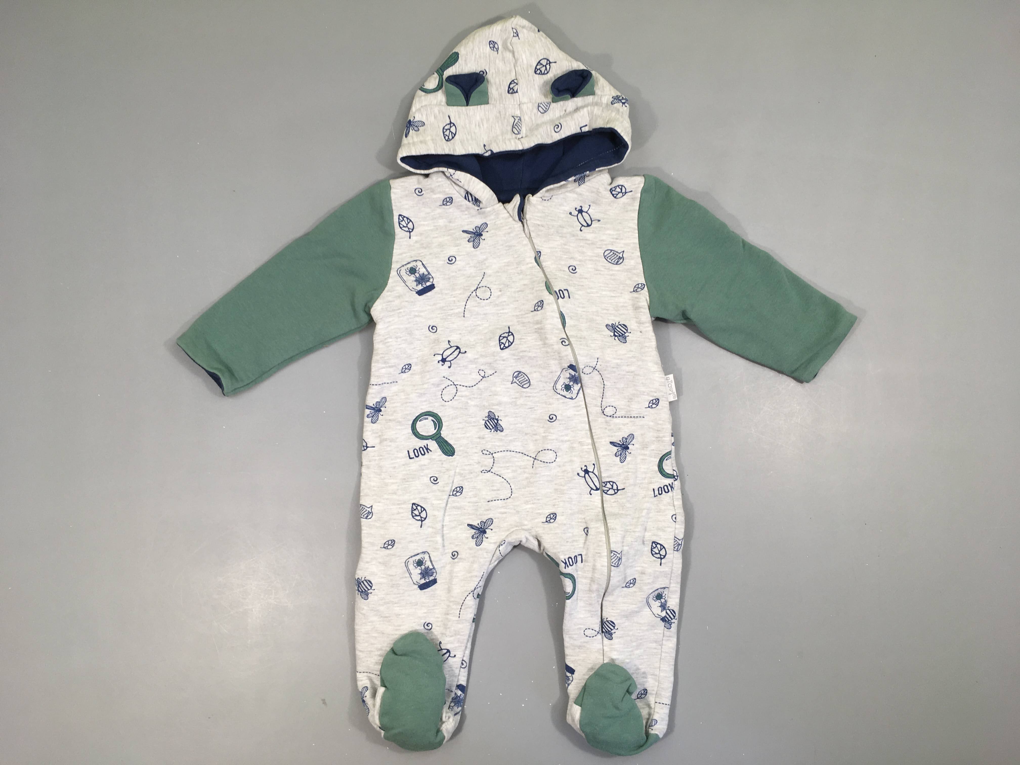 Pyjama à capuche molleton gris-vert insectes-Pouvant être réversible bleu foncé